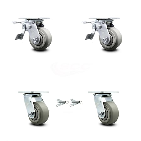 4 Inch Thermoplastic Rubber Caster Set with Ball Bearings 2 Brakes 2 Swivel Lock